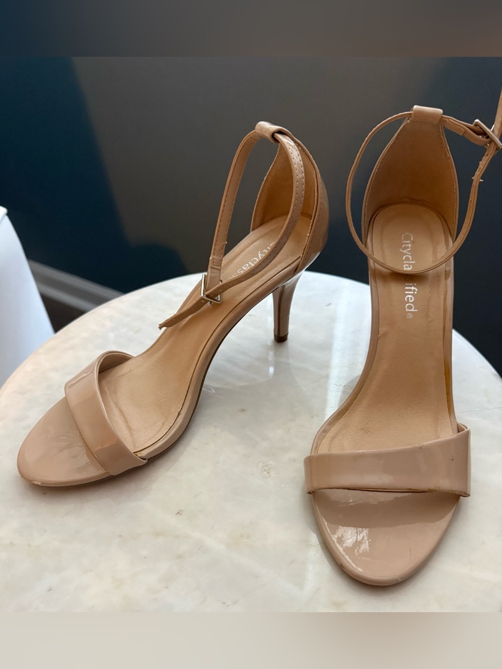 Cityclassified Beige Patent Ankle-Strap Heels